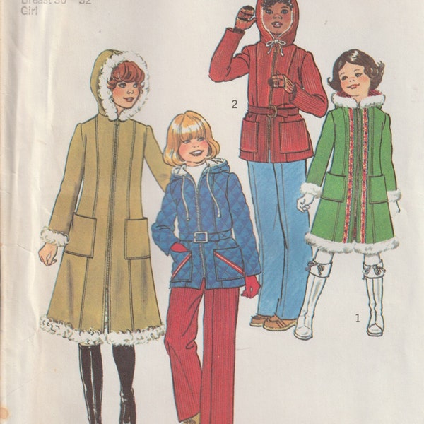 Girls Hooded Lined Winter Coat Midi Short Princess Seaming Patch Pockets 70's Simplicity 7158 Sewing Pattern Size 12 14 UNCUT FF