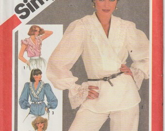 Simplicity 5478 Misses Pullover Blouses Front Inset Shawl Collar Shirt Tail Hem Self Ruffles Tunic 1980 Sewing Pattern Size 14 16 UNCUT