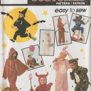 May include: A Simplicity sewing pattern for children's Halloween costumes. The pattern includes seven different costumes: a witch, a bunny, a devil, a clown, a bunny, a tiger, and a football player. The pattern is easy to sew and includes instructions for each costume.