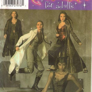 May include: A Simplicity sewing pattern envelope 4962 for adult costumes in sizes 14, 16, 18, and 20. The cover displays four variations of outfits including long coats, fitted vests, trousers, and a cat-ear headpiece, with text reading Costumes for adults.
