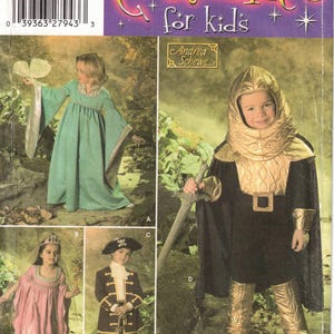 May include: Simplicity sewing pattern 4944 for children's costumes, size A 3-8. The package displays four costume variations: a long teal dress with bell sleeves, a pink dress with a tiara, a pirate outfit with a hat, and a gold and black knight costume.