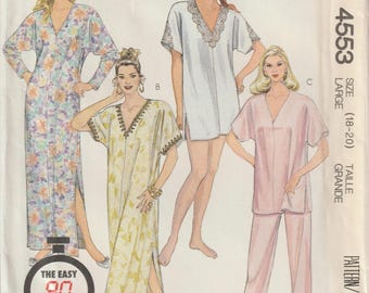 Vintage McCall's 4553 Caftan Nightgown Pajamas Pattern Misses Size 18, 20 UNCUT FF