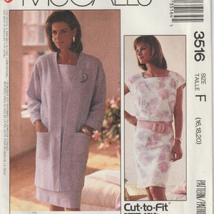 Misses Easy Unlined Long Jacket And Straight Dress With Square Neckline 1980's McCall's 3516 Sewing Pattern Size 16 18 20 UNCUT