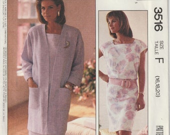 Misses Easy Unlined Long Jacket And Straight Dress With Square Neckline 1980's McCall's 3516 Sewing Pattern Size 16 18 20 UNCUT