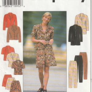 May include: Simplicity sewing pattern featuring a woman in a patterned suit. The pattern includes illustrations of various jacket and skirt styles in shades of red, brown, black, and yellow. The pattern number is 7519.