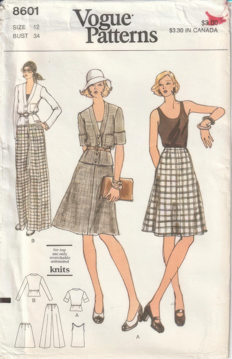 Vogue 8601 Misses Semi-fitted Unlined Jacket Knit Tank Top Flared Skirt ...