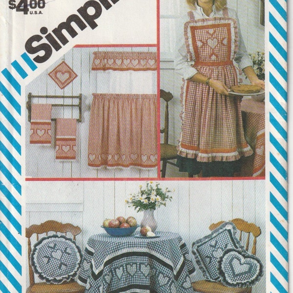 Simplicity 6354 Full Bib Apron Various Pillows Pot Holders Tablecloth Tea Towels And Tips for Snowflake Embroidery 1980s Sewing Pattern