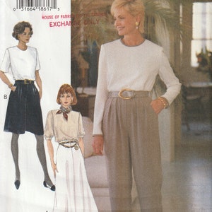 May include: Vogue Woman sewing pattern 8914. The pattern features three different outfits: a skirt and top, a skirt and short-sleeved top, and a pair of pants and a long-sleeved top. The pattern size is 18-20-22.