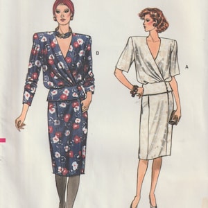 Vogue 9467 Misses Top & Skirt, Blouson Wrap Top, Front Pleats, Shaped Peplum, Straight Skirt, 1980's Sewing Pattern Size 14, 16, 18 UNCUT