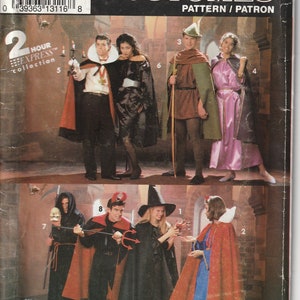 May include: A Simplicity sewing pattern for costumes. The pattern includes eight different costumes: a vampire, a witch, a devil, a princess, a knight, a fairy, a grim reaper, and a Robin Hood. The pattern is for sizes small to large.