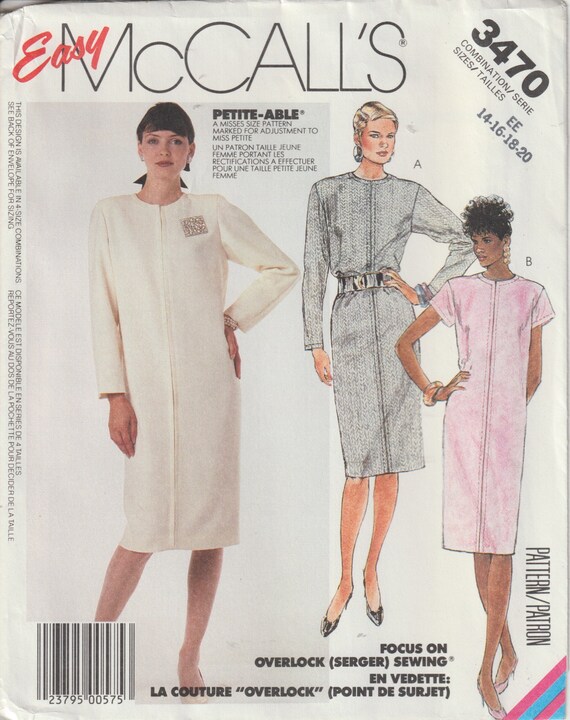 long straight cut dress patterns McCall's 3470 Misses' Straight Cut Dress With Jewel Neckline, Long Sleeves,  Front Inset, Back Zip 80's Sewing Pattern Size 14 16 18 20