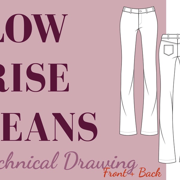 Fashion Flat Drawing / Technical Drawing LOW RISE JEANS - front&back- Boot Cut