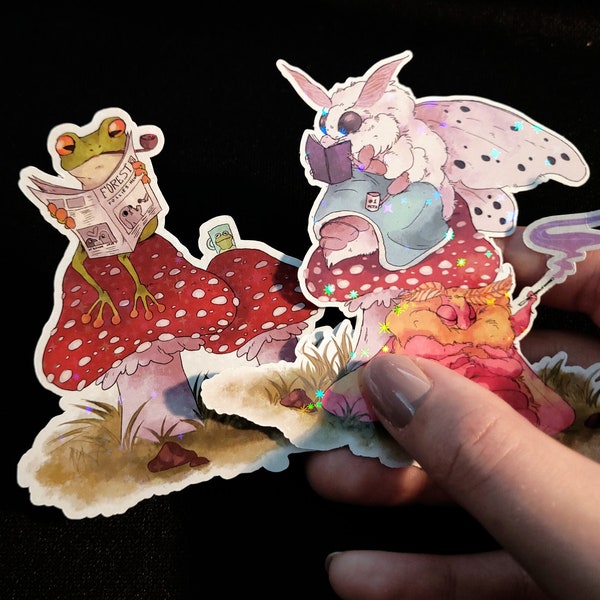 Toadstool friends stickers - moth and frog - matte or glitter