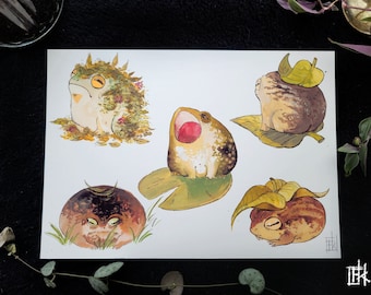 ranas de lluvia frondosas y musgosas / estampado de acuarela A5