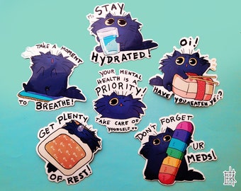 May include: Nine colorful stickers featuring a cartoon cat with different messages. The stickers include "Take a moment to breathe", "Stay hydrated", "Your mental health is a priority", "Get plenty of rest", "Oi! Have you eaten yet?", "Don't forget your meds!"