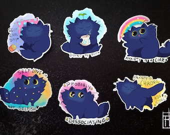 Anxiety kitty sticker set - matte or glitter stickers