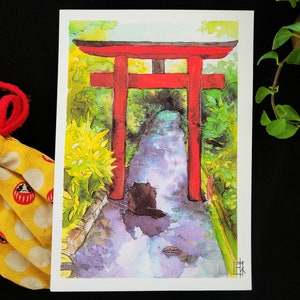 Kitty at the Torii gate | watercolor print A5