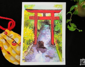 Kitty en la puerta de Torii / impresión de acuarela A5