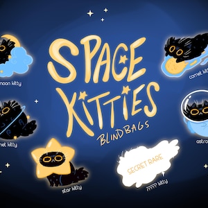 Pode incluir: Ilustração de "Space Kitties Blind Bags" com gatos pretos de desenho animado em cenários espaciais. A imagem inclui um gato da lua, um gato cometa, um gato planeta, um gato astronauta, um gato estrela e um gato raro secreto, em um fundo azul escuro.