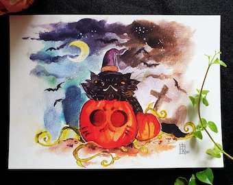 May include: A black cat wearing a witch's hat sits on a large orange pumpkin with a carved face. A smaller pumpkin sits behind the cat. The background is a watercolor painting of a night sky with a crescent moon and bats.