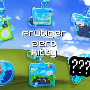 Könnte beinhalten: Eine Sammlung von Frutiger Aero Kitty Schlüsselanhängern. Jeder Schlüsselanhänger zeigt eine Cartoon-Katze in verschiedenen Umgebungen, wie einer Landschaft, einem MP3-Player oder einem Computerbildschirm. Die Schlüsselanhänger sind blau und haben einen silbernen Verschluss.
