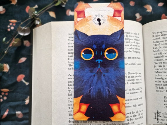 Black floral cat bookmark - laminated finish