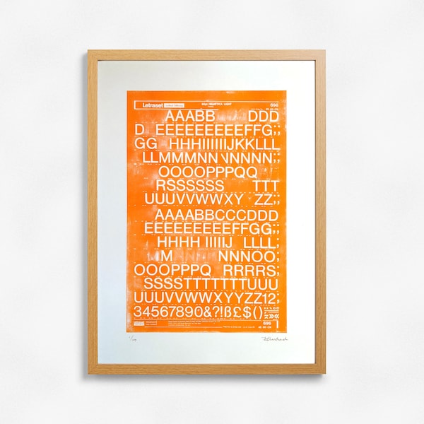 Letraset A3 orange Risograph Print | Bright & Grungy |  Helvetica Light | Retro 1972 typography | Signed and limited