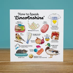 May include: A square print with the text "How to Speak 'Lincolnshire'" and illustrations of local phrases. Includes a bird, a duck, a sandwich, a teapot, and a t-shirt that says "I Love Lincs".