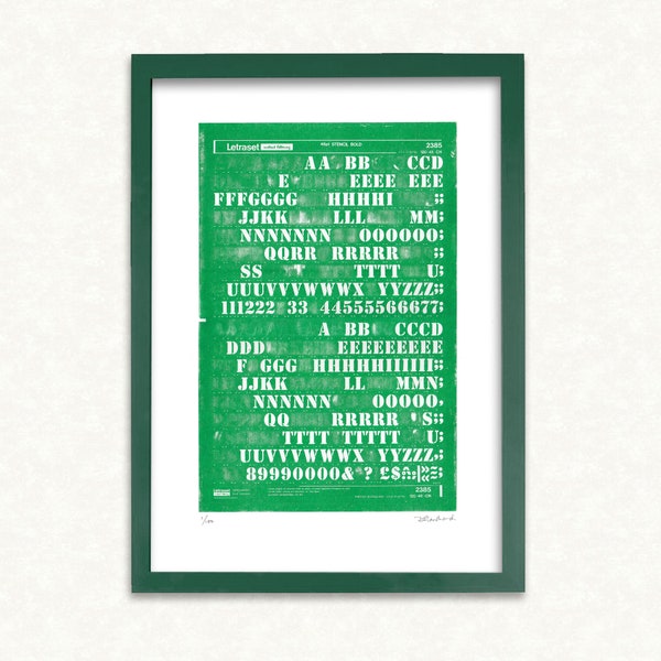 Letraset A3 green Risograph Print  |  Distressed Typography  |  Stencil font  |  Retro 1972  |  Signed and limited print run of 100