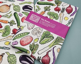 Vegetables tea towel – colourful hand drawn veggies – heavyweight drill cotton – hanging loop – Illustrated and printed in the UK