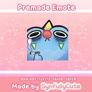 May include: A blue and yellow cartoon character with a red nose and big eyes is smoking a cigarette. The character is looking down and has a sad expression. The background is pink with white dots.
