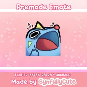 Op de afbeelding: Een kant-en-klare emote met een blauw wezen met een wijd open mond, grote zwarte ogen en een gele en rode accent. De tekst "Premade Emote" staat bovenaan en "Made by SynfullyCute" onderaan. De afbeelding staat op een roze achtergrond.