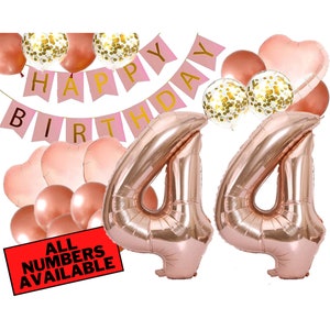 44th Birthday Decorations For Her - Pink and Rose Gold - 44th Birthday Balloons, Banner, Heart and Confetti Balloons - 44 Birthday Decor