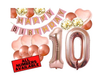 Puede incluir: Decoraciones de globos de color oro rosa para una fiesta de cumpleaños número 10. El conjunto incluye dos globos grandes con números, globos en forma de corazón, globos de confeti y una pancarta rosa que dice "Feliz cumpleaños".