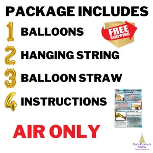 May include: Image shows a party balloon kit with gold foil number balloons, hanging string, a balloon straw, and instructions. The text reads "Package Includes" and "Air Only". A box with "Free Shipping" is also shown.