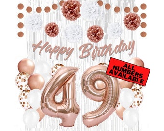 May include: A rose gold "49" balloon set with a "Happy Birthday" banner, white and rose gold balloons, and decorative accents. Includes a red sign that says "ALL NUMBERS AVAILABLE". Ideal for a birthday celebration.