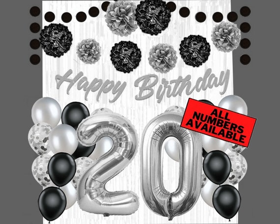 Decorazioni black & silver 20 compleanno per uomo 40 Numero palloncini,  striscione, tende foil, palloncini, Pom Poms 20 regalo forniture per feste  -  Italia