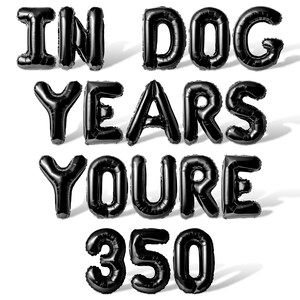 May include: Black balloon letters spell out "IN DOG YEARS YOU'RE 350" against a white background. The balloons are inflated and casting shadows, creating a celebratory or humorous visual.