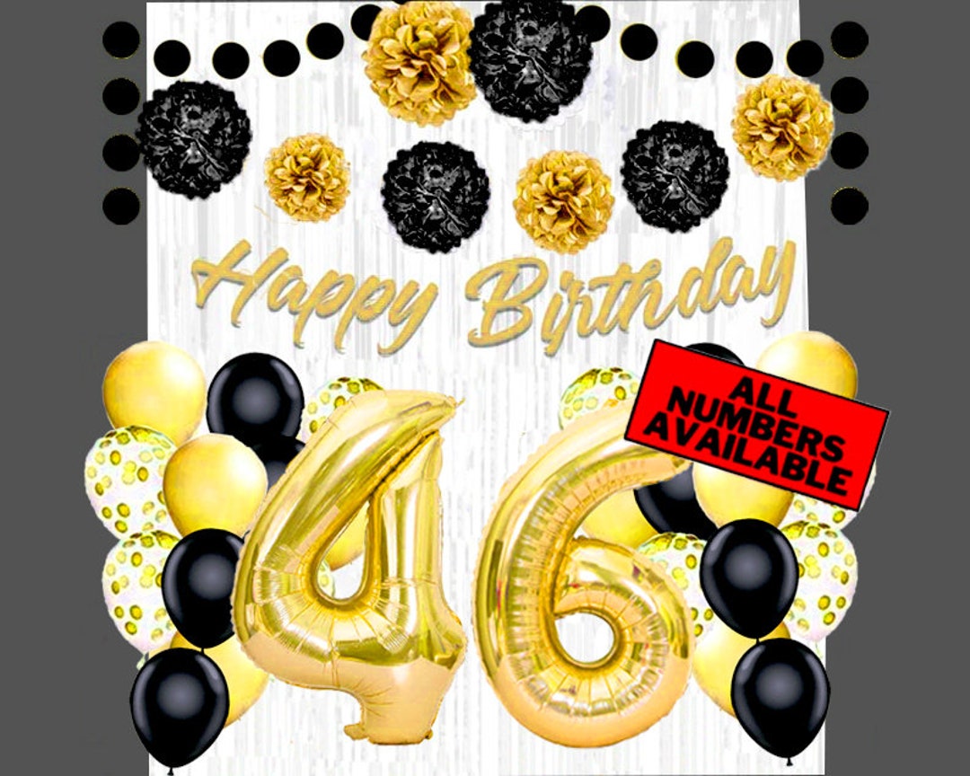 Oro & Nero 46 compleanno Decorazioni per le donne 40 Numero Palloncini,  Striscione, Tende foil, Palloncini, Pom Poms 46th Party Supplies -   Italia
