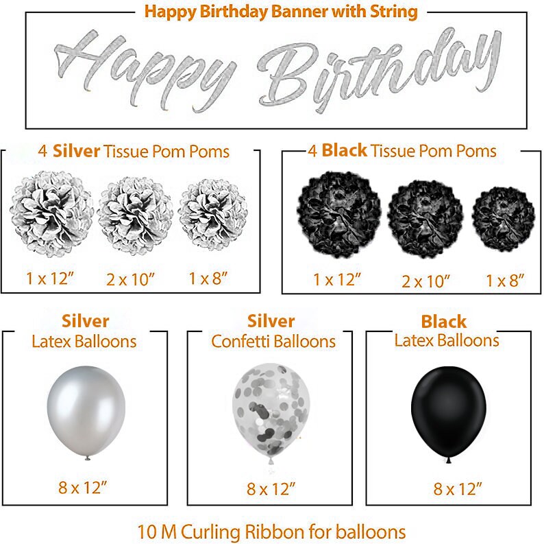 Silver & Black 71st Birthday Decorations for Women 40 Number Balloons,  Banner, Foil Curtains, Balloons, Pom Poms 71st Party Supplies 