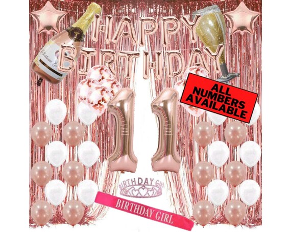 Trgowaul 11th Birthday Decoration Set For Girls - Rose Gold Banner, Tiara, Sash & Balloons
