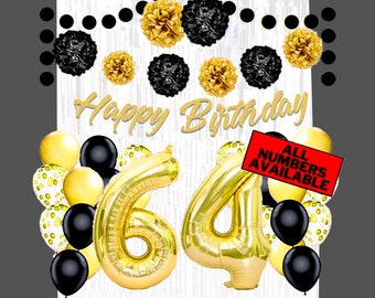 Gold & Black 64th Birthday Decorations for Women - 40" Number Balloons, Banner, Foil Curtains, Balloons, Pom Poms - 64th Party Supplies