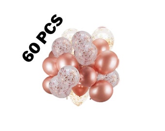 Birthday Decorations For Her - 60 Pack Rose Gold Balloons & Confetti Balloons w/ Ribbon - Birthday Balloons and Confetti Balloons