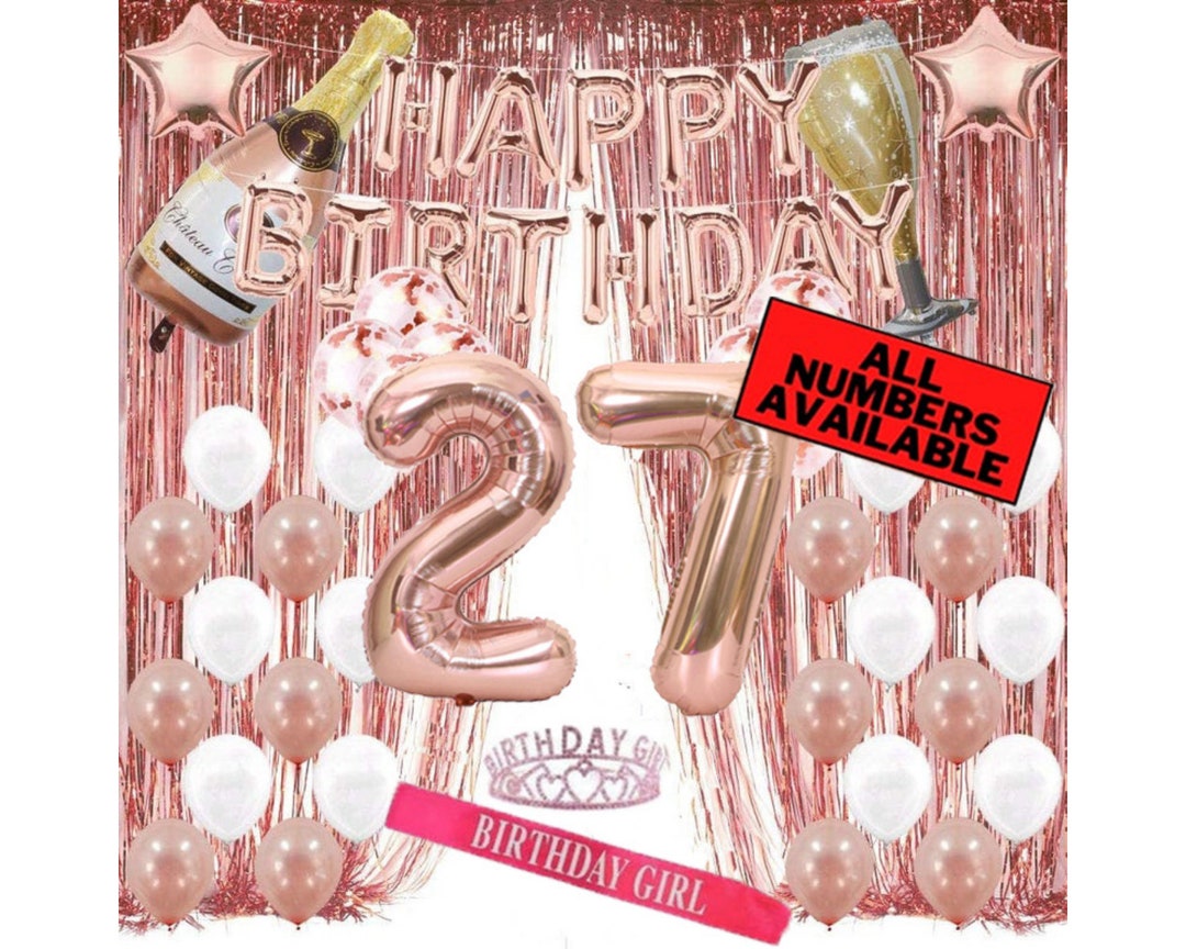 27e Verjaardagsdecoratie In Roségoud – Complete Ballonnenset Voor Meisjes En Vrouwen – Happy Birthday Slinger En Cijfers