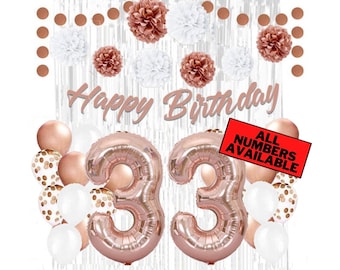 Rose Gold 33rd Birthday Decorations for Women - 40" Number Balloons, Banner, Silver Foil Curtains, Balloons, Pom Poms - 33rd Party Supplies