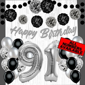 Silver & Black 91st Birthday Decorations for Women - 40&quot; Number Balloons, Banner, Foil Curtains, Balloons, Pom Poms - 91st Party Supplies