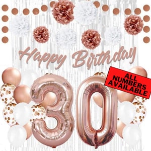 Rose Gold 30th Birthday Decorations for Women - 40&quot; Number Balloons, Banner, Silver Foil Curtains, Balloons, Pom Poms - 30th Party Supplies
