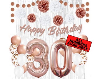Rose Gold 30th Birthday Decorations for Women - 40" Number Balloons, Banner, Silver Foil Curtains, Balloons, Pom Poms - 30th Party Supplies