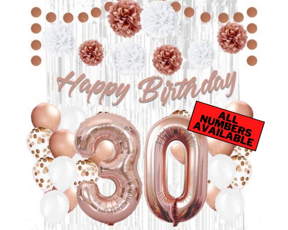 Rose Gold 30th Birthday Decorations for Women - 40" Number Balloons, Banner, Silver Foil Curtains, Balloons, Pom Poms - 30th Party Supplies