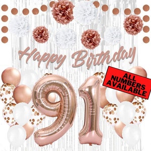 Rose Gold 91st Birthday Decorations for Women - 40&quot; Number Balloons, Banner, Silver Foil Curtains, Balloons, Pom Poms - 91st Party Supplies